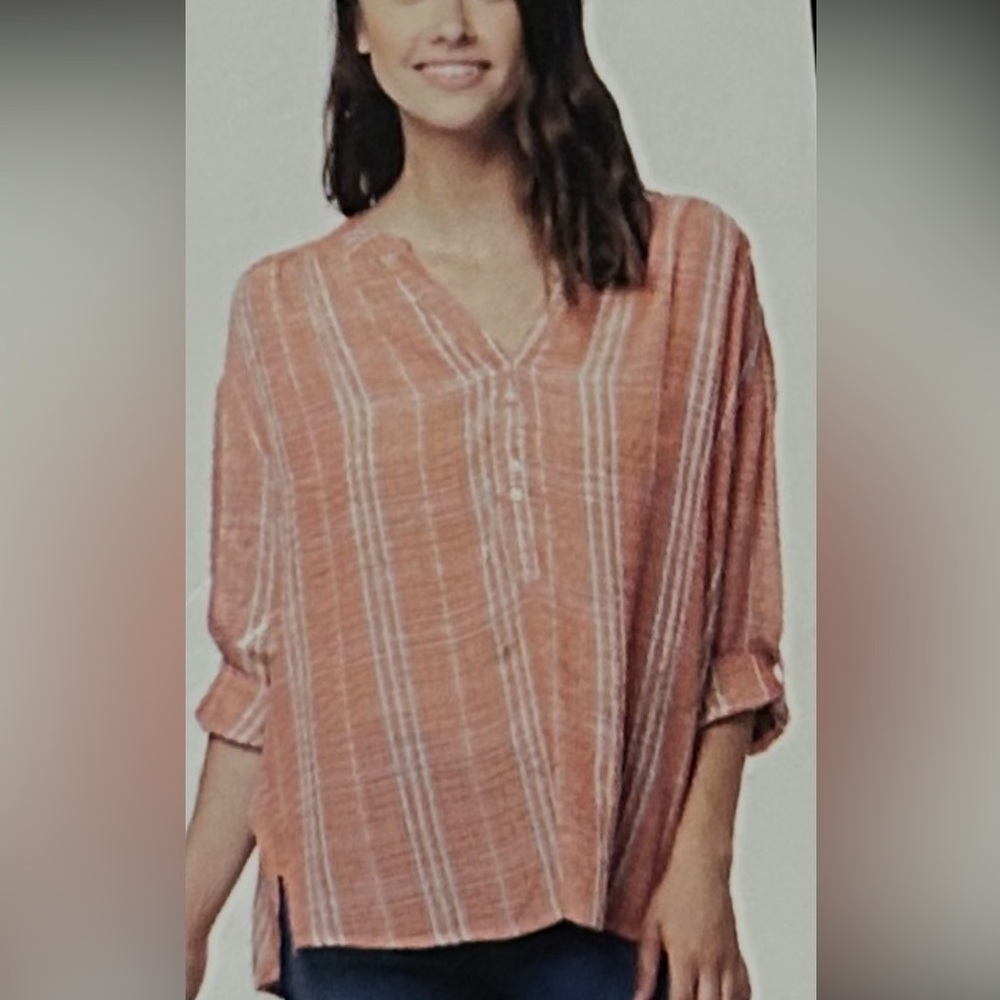 Nine West Women’s Hi-Lo Roll Tab Sleeves Top Tunic Striped Size XXL